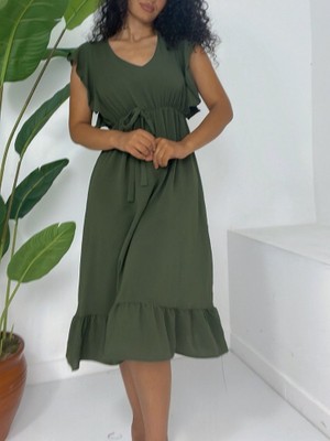 Omuzu Fırfırlı Beli Lastikli Sıfır Kol Midi Boy Ayrobin Elbise  -Haki