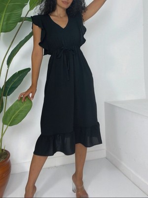 Omuzu Fırfırlı Beli Lastikli Sıfır Kol Midi Boy Ayrobin Elbise -Siyah