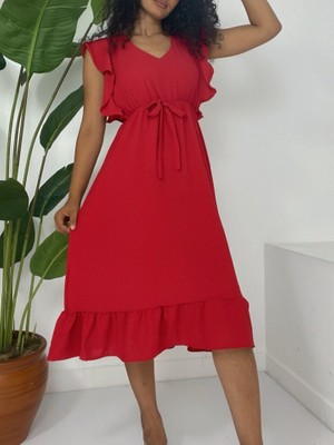 Omuzu Fırfırlı Beli Lastikli Sıfır Kol Midi Boy Ayrobin Elbise  -Kırmızı