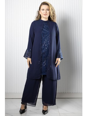 Modaviki Taş Payet İşlemeli Şifon Pantalon Tunik Takım Lacivert FHM966