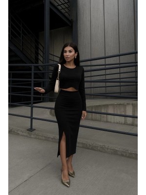 Defy Moda Kadın Uzun Kollu Bisiklet Yaka Kısa Krop Dalgıç Bluz ile Önden Yırtmaçlı Uzun Etek Ikili Takım