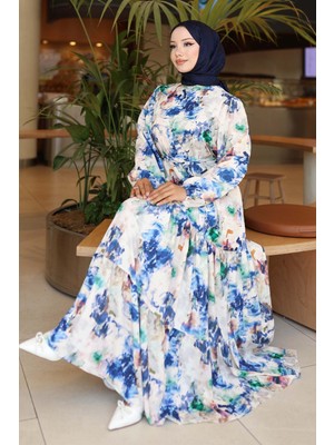 Bigdart Kadın Desenli Uzun Tesettür Elbise 2586 - Saks