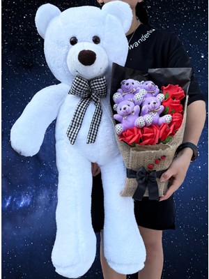 Lenostra Büyük Beyaz Ayıcık ve Kırmızı Güllü Mor Ayıcıklı Buket - Anneye Hediye - Kiz Sevgiliye Hediye