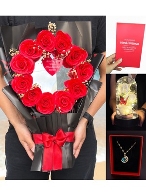 Lenostra Sevgiliye Hediye Set - Aynalı Çiçek Buketi ve Çelik Gezegen Kolye ile Şık Cüzdan