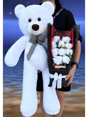 Lenostra Büyük Beyaz Ayıcık ve Beyaz Gül Buketi - Anneler Için Hediye - Sevgili Için Hediye - Sevgiliye Çiçek