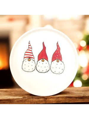 Mimoza Porselen Yılbaşı Mini Cüceler Desenli Porselen Yuvarlak Mini Sunum Tabağı