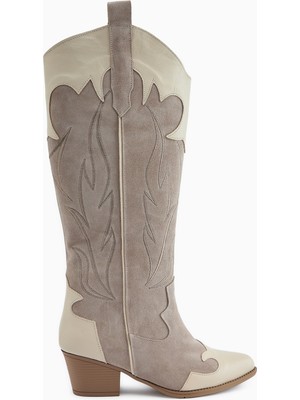 Limoya Lara Hakiki Deri Bej Süet Nakışlı Deri Detaylı Topuklu Western Çizme