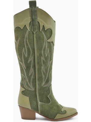 Limoya Lara Hakiki Deri Haki Süet Nakışlı Deri Detaylı Topuklu Western Çizme