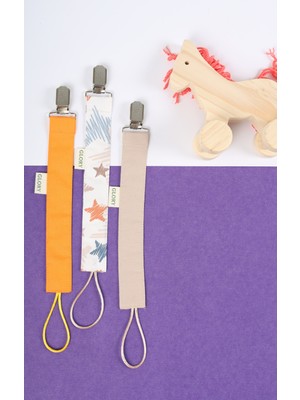 Glory Baby 3'lü Set Emzik Askısı - Emzik Zinciri - Emzik Tutacağı - %100 Pamuk - Turuncu, Yıldız Desenli, Kahve