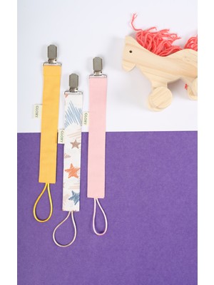 Glory Baby 3'lü Set Emzik Askısı - Emzik Zinciri - Emzik Tutacağı - %100 Pamuk - Sarı, Yıldız Desenli, Pembe