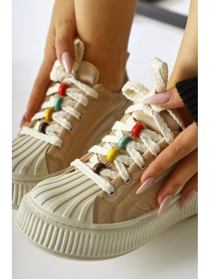 Limoya Chinda Krem Paraşüt Kumaş Boncuk Detaylı Snakers