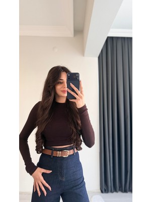 Lizzy Masi Tam Pamuklu Soft Touch Likralı Crop Body Kahve