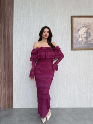 Esra Helvacı Madonna Yaka Fırfır Dantelli Midi Elbise