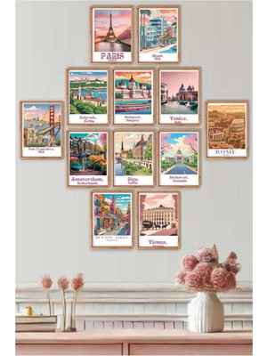 UNT 12 Parça Ahşap Çerçeve Görünümlü Travel Dünya Şehirleri Sanatsal Tablo Seti