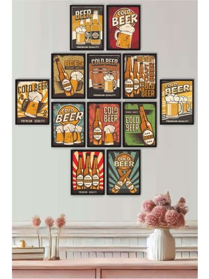 UNT Retro Beer Temalı 12 Parça Renkli Dekoratif Mdf Tablo Seti