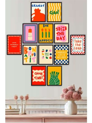 UNT Çerçeve Baskılı Eğlenceli, Abstract,  Minimalist, Modern Yiyecekler ve Mutfak Dekoru 12 Li Set Tablo