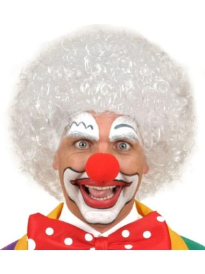 Melfxxl Beyaz Kıvırcık Afro Peruk ve Kırmızı Sünger Burun Seti