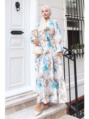 Bigdart Kadın Desenli Uzun Tesettür Elbise 2586 - Mint