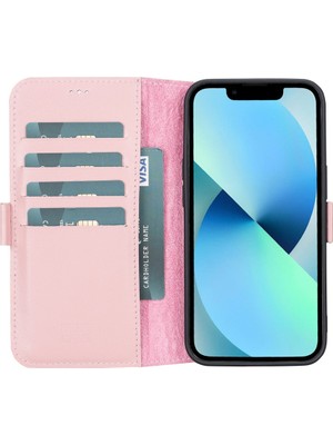 Kitabevimden Apple iPhone 13 Uyumlu Deri Cüzdanlı Kılıf Toz Pembe