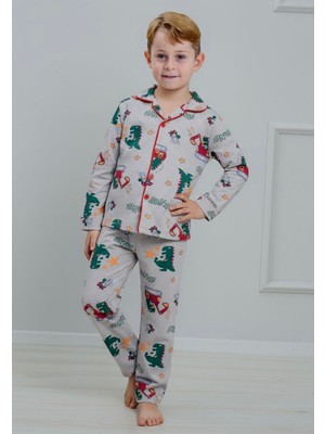 Pijakids - Serenad Pjkö Dinozor Desenli Gri Uzun Kollu Önden Düğmeli Erkek Çocuk Pijama Takımı 4-12 Yaş 509U
