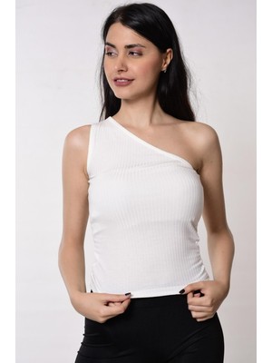 Alışveriş Sokağı Tek Omuz Detaylı Ekru Renk Bluz