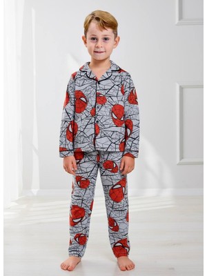Pijakids - Serenad Pjkö Ör. Adam Desenli Gri Uzun Kollu Önden Düğmeli Erkek Çocuk Pijama Takımı 4-12 Yaş 510U