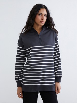 Lc Waikiki Yeni Sezon Dik Yaka Çizgili Kadın Sweatshirt Tunik