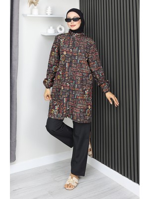 Tesettür Mayo Etnik Desen 3 Lü Takım 1903-05 Kahverengi