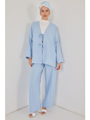 Bigdart Kadın Keten Kimono Ikili Takım 6727 - Mavi