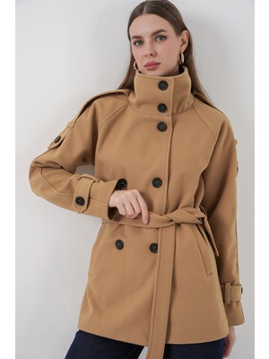 Bigdart Kadın Kuşaklı Kaşe Kaban 9162 - Hardal