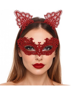 Femina Trendy Şık Kırmızı Dantel Maske ve Taç Seti 5 No – Maskeli Balo &amp;amp;amp; Özel Etkinlikler (49