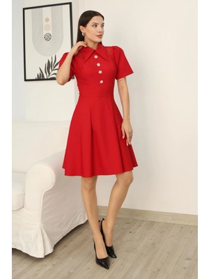 Lodmela Omuz Tül Detaylı Gömlek Yaka Midi Elbise 2327-KIRMIZI