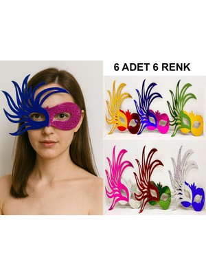 Femina Trendy 6&amp;apos;lı Renkli Balo Maskesi Seti | Karton &amp;amp;amp; Lastikli (Yetişkin-Çocuk Uyumlu) (4