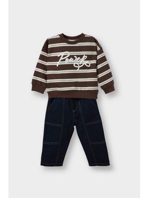 DeFacto 2'li Takım Baskılı Sweatshirt Jean Pantolon Erkek Bebek G3228A525WN