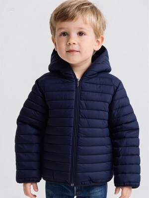 Kids Moda Evi Su Geçirmez Polar Astar Fermuarlı Kapşonlu Lacivert Çocuk Montu