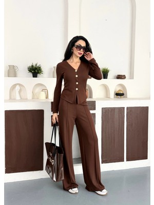 Asfa Moda Kadın Kahverengi Gold Düğme Detaylı V Yaka Hırka Ispanyol Paça Çimalı Viral Günlük Takım