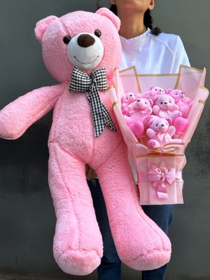Lenostra Konsept Hediyelik - 90CM Pembe Ayıcık ve Pembe Ayıcıklı Kalpli Premium Ayıcık Buketi