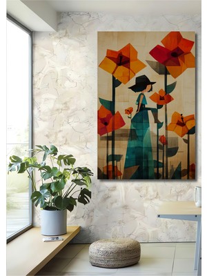 Teona Ahşap Renkli Çiçekler Arasında Şapkalı Kız Yağlı Boya Görünümlü Ahşap Dekoratif Tablo Dikdörtgen Tablo