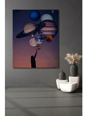 Teona Ahşap Gökyüzü Gezegeni Balonları Yağlı Boya Görünümlü Ahşap Dekoratif Tablo Dikdörtgen Tablo