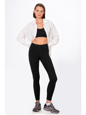 Kompedan Kadın Likralı Süprem Düz Uzun Tayt Siyah | K0415