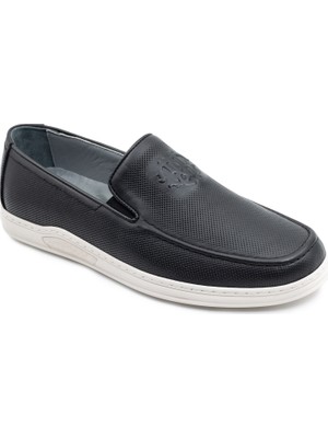 Levarno Modero Hakiki Deri Siyah Erkek Casual Loafer Ayakkabı Düz Taban Bağcıksız Tasarım