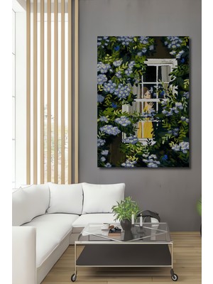 Teona Ahşap Pencereden Bakan Kadın Mavi Kelebekler Çiçekler Sulu Boya Görünümlü Ahşap Tablo Dikdörtgen Tablo