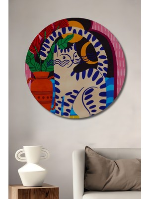 Teona Ahşap Suluboya Görünümlü Kedi ve Vazo Modern Sanat Ahşap Dekoratif Tablo Yuvarlak Tablo