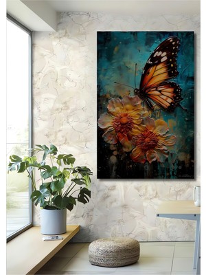 Teona Ahşap Renkli Kelebekler ve Çiçekler Yağlı Boya Görünümlü Ahşap Dekoratif Tablo Dikdörtgen Tablo