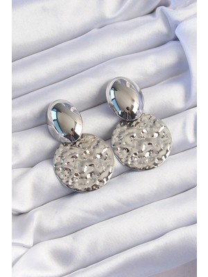 Shopwave Pirinç Gümüş Renk Oval Ezme Plaka Küpe