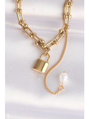 Skygo 316L Çelik Zincir Altın Renk Tiffany Zincirli Love Yazılı Kilit Kolye - TJ-BKO8632