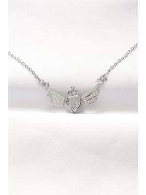 Skygo 316L Çelik Silver Renk Zirkon Taşlı Kalpli Kanat Kolye - TJ-BKO8515