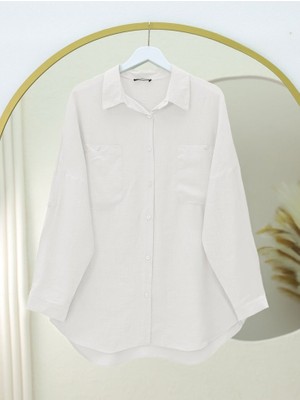 Çift Cepli Oval Kesim Kolu Katlamalı Gömlek Tunik -Beyaz