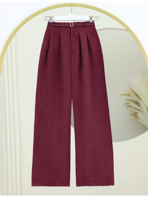 Beli Lastikli Kemer Detaylı Tensel Cupra Pantolon -Bordo