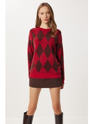 Happiness İstanbul Baklava Desenli Yumoş Kazak LFN0127 Bordo Kahverengi